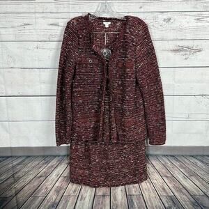 J Jill Jacket Skirt Outfit Womens Medium Red Tweed Blazer Office Career Textured